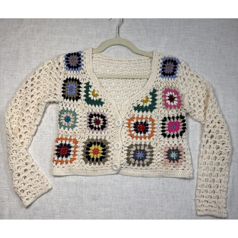 Crochet Patchwork Cardigan Women SZ S Festival Grandmacore  Boho